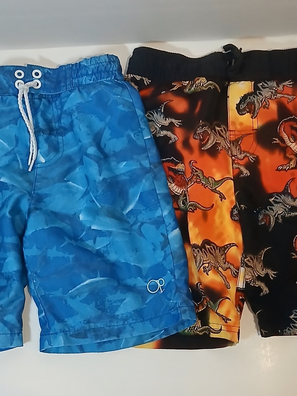 Boys Swim Trunks Bundle Lot of 2 OP Blue Shark & Dinosaur Fire Size 4-5